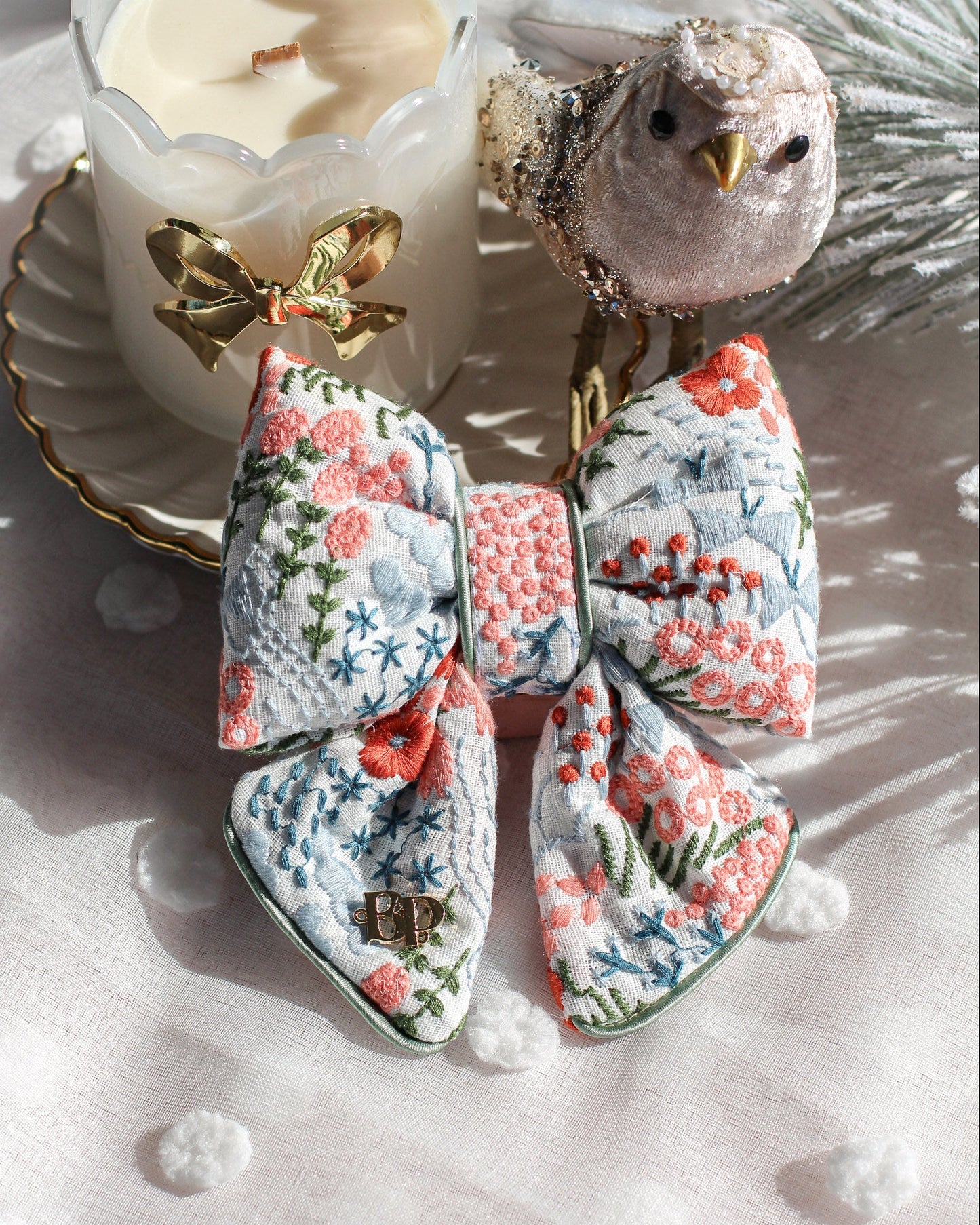 Luxury dog bows for collars. holiday bow tie dog cats embroidery fabric floral holiday pet accessory gift Sailor bow bop pop pets premium cotton dog collar bow tie Satin sage piping trim 