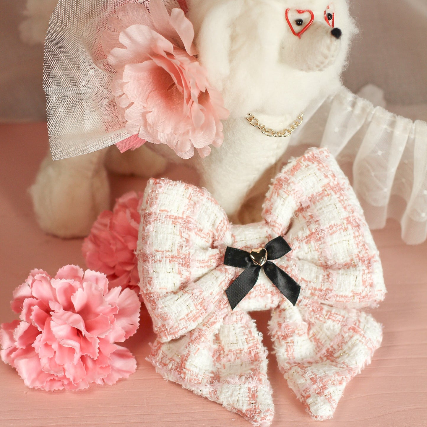 White pink lattice plaid soft tweed chenille sailor bow and decorative flowers on a pink lace with poodle doll. Bop Pop Pets pet bow accessory.