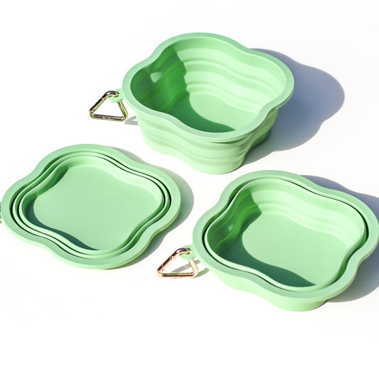 clover green pastel sage mint stylish silicone water bowl pets dogs cats collapsible foldable portable travel hiking drinking pocket sized dog walking bop pop pets accessories 3 size water capacity small to large pets with gold triangle carabiner clasp