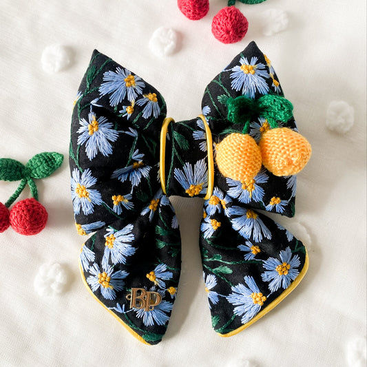 Lemon Moon dog collar bow tie and sailor bow for pets dog or cat. flower daisy floral embroidery fabric with lemon 3D crochet embellishment. Dog mom girl dog style. Green olive satin trim on elevated pet bows and elevated pet accessories bop pop pets fruit theme dog bows accessory Navy blue dog bow