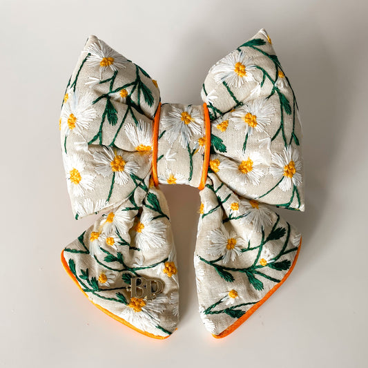 dog collar bow tie and sailor bow for pets dog or cat. flower daisy floral embroidery fabric embellishment. Dog mom girl dog style. Green olive satin trim on elevated pet bows and elevated pet accessories bop pop pets fruit theme dog bows accessory