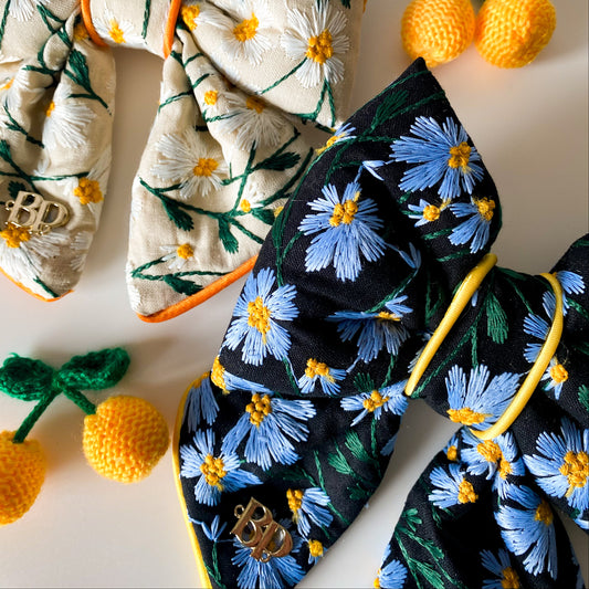 dog collar bow tie and sailor bow for pets dog or cat. flower daisy floral embroidery fabric embellishment. Dog mom girl dog style. Green olive satin trim on elevated pet bows and elevated pet accessories bop pop pets fruit theme dog bows accessory