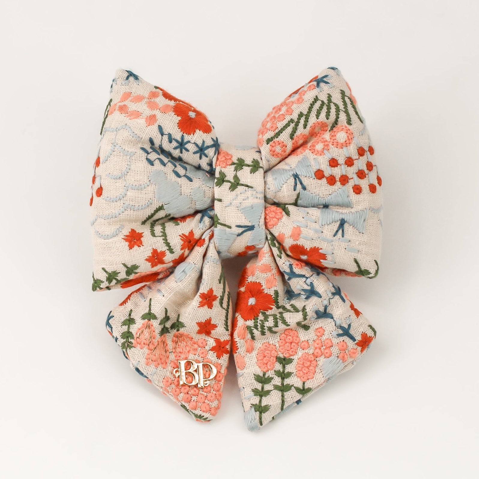 Celebration Sailor bow tie dog cats embroidery fabric. High quality luxurious premium handmade pet accessory. Dog gift Sailor bow bop pop pets Beige Buff Natural Linen with floral flowers in coral, peach, olive, teal and light blue. Wedding bows for dogs