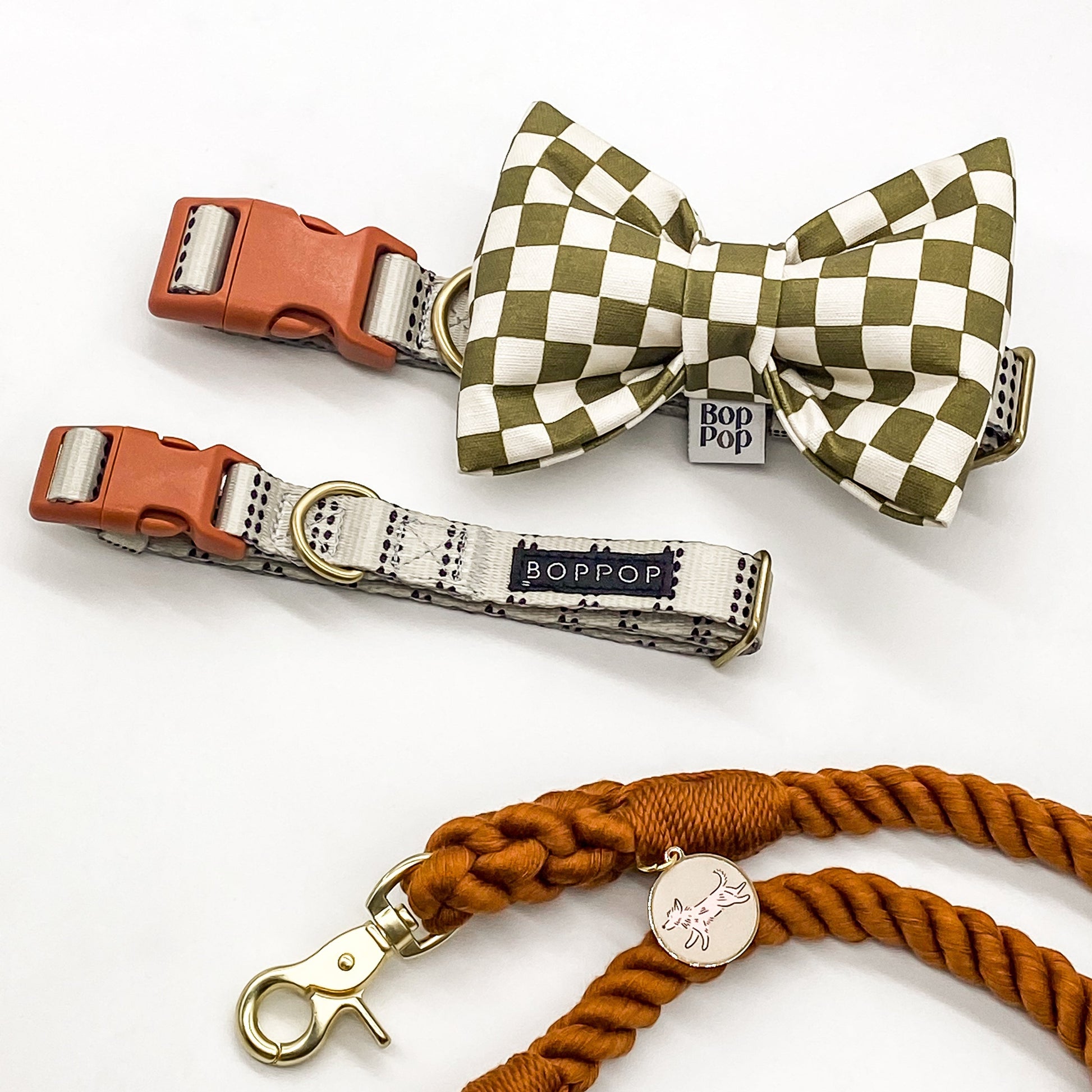 BIG giant dog cat bow tie olive green checkerboard puffy large sized dog accessory Bop Pop Pets dog collars sienna grey nylon and handsfree clay rust long rope leash with brass gold hardware