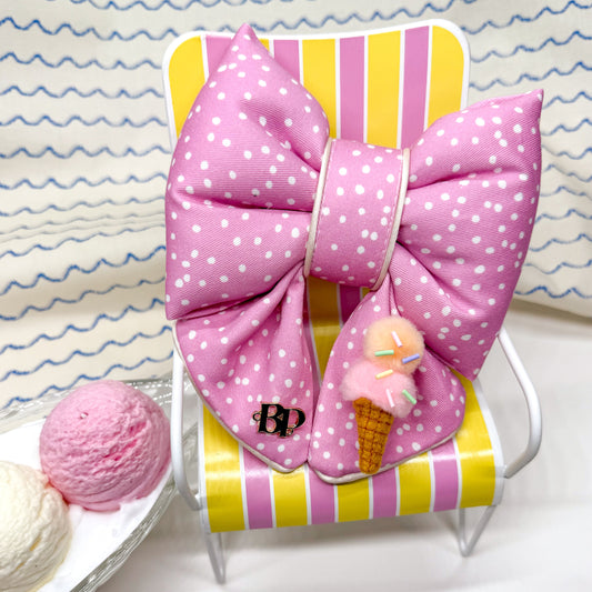 Pink polka dot and Ice cream DOG COLLAR DOG bow for dog collar sailor bow. Puffy Bow tie. Pink Trim edge sailor bow for premium bow tie style. Hand made in Oregon, usa. Bop pop pets accessory. Girl dog or cat bow pet accessory.