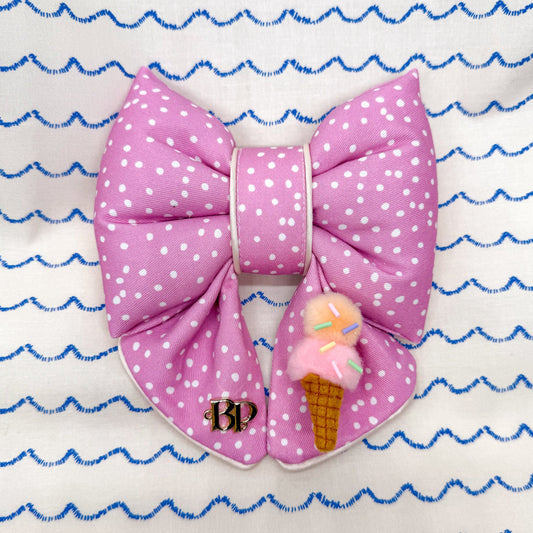 Pink polka dot and Ice cream DOG COLLAR DOG bow for dog collar sailor bow. Puffy Bow tie. Pink Trim edge sailor bow for premium bow tie style. Hand made in Oregon, usa. Bop pop pets accessory. Girl dog or cat bow pet accessory.