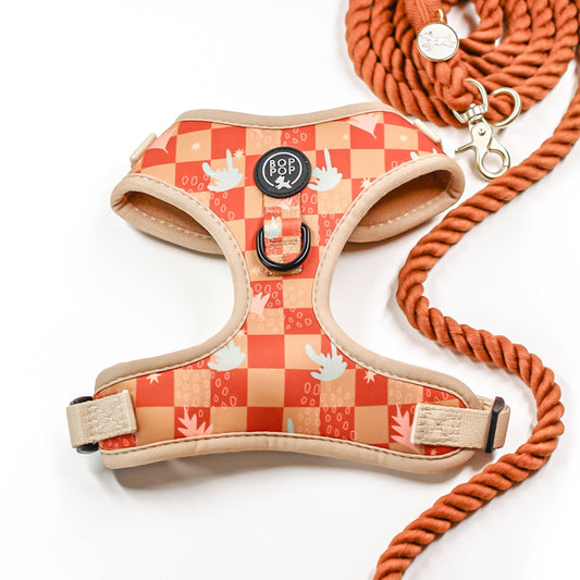 Checkerboard Jacob Dog Harness Tan Sienna Desert dogs small medium large soft comfort harness padded neoprene breathable walking harness tan beige desert cactus boho modern style. Hands free leash Desert Clay brown sienna rust cotton leash bop pop pets pet accessory supplies