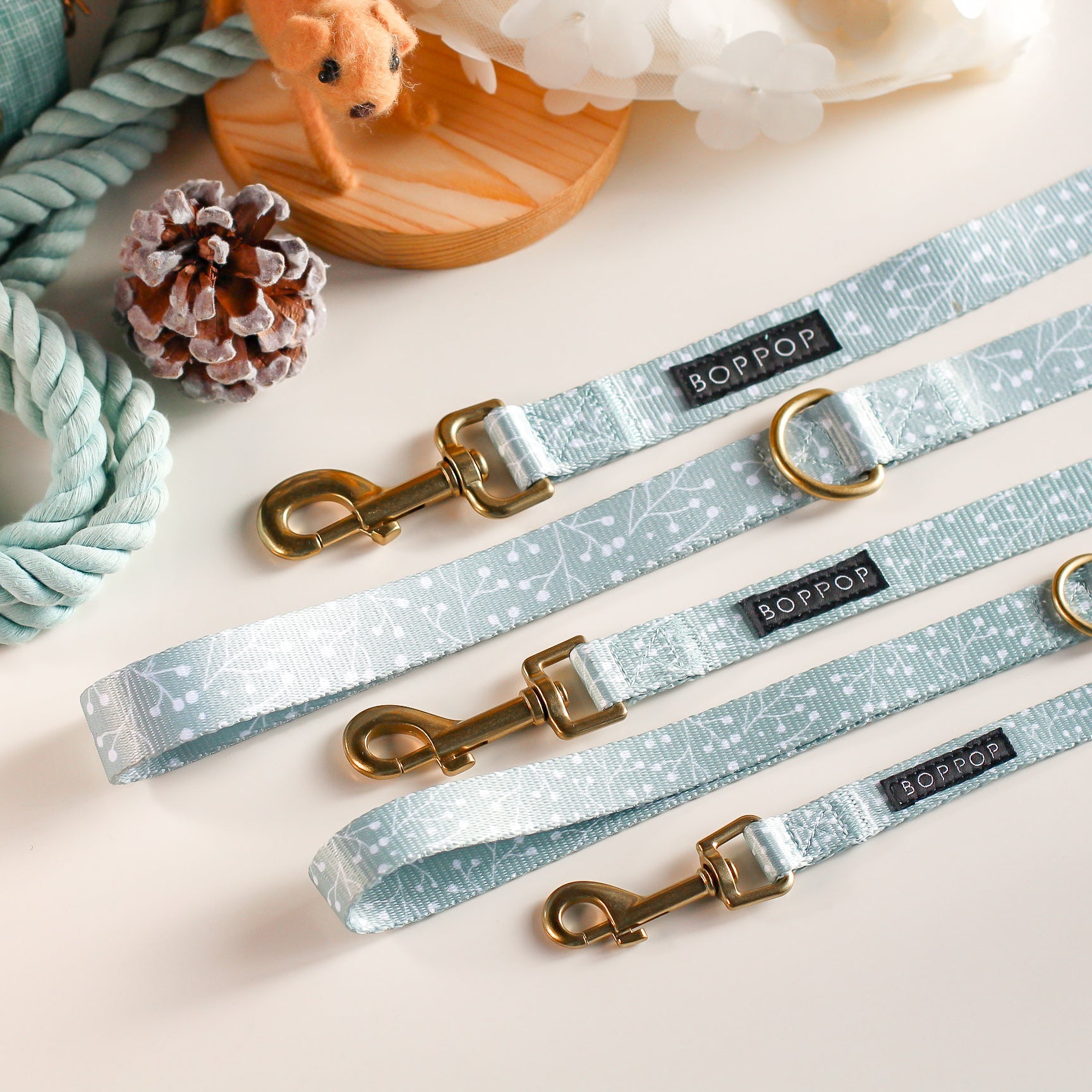 Dog leashes with gold clasps and branded tags on a light background