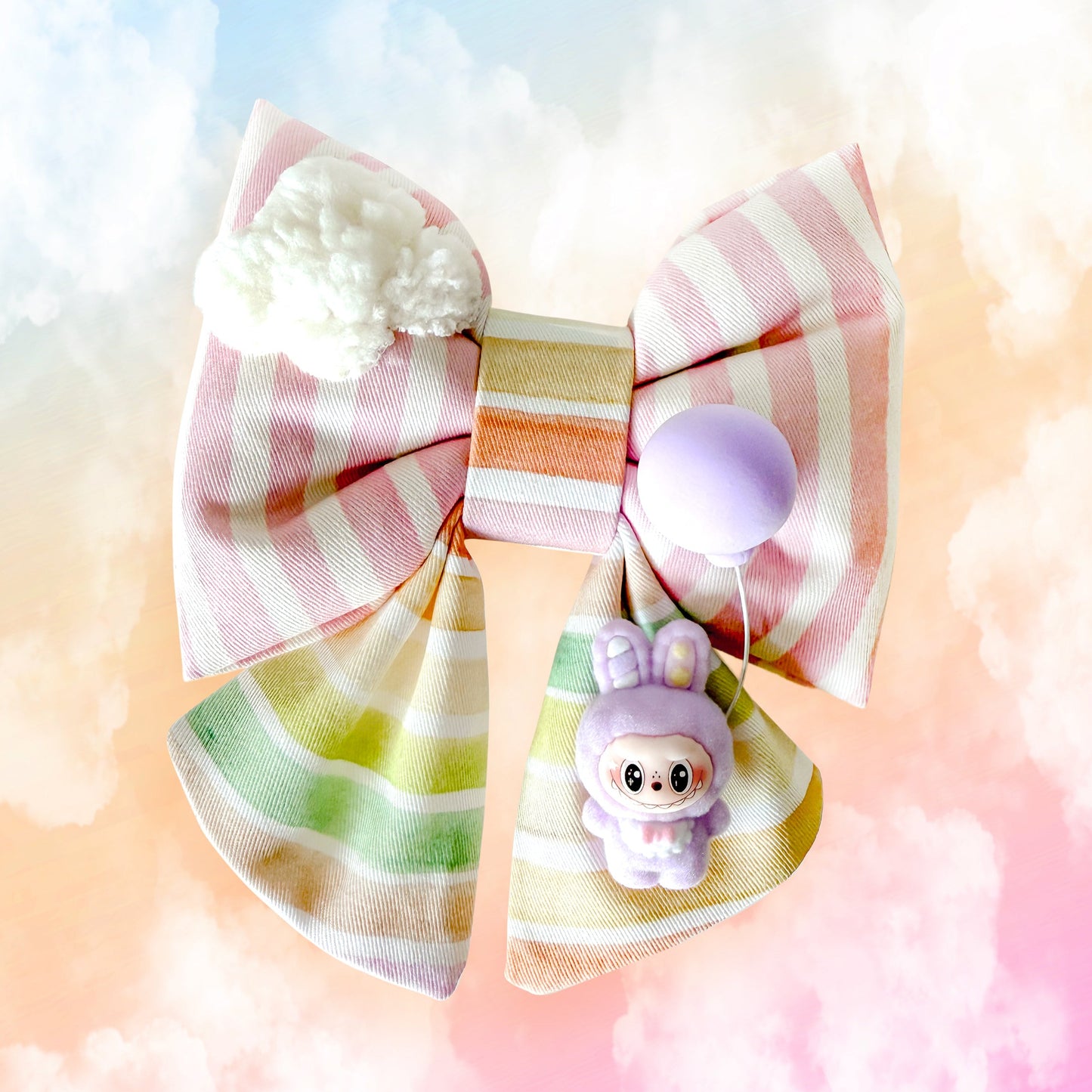 Colorful raibow with  labubu style with cloud sailor bow tie for pets dog cats. Balloon in the Clouds in pink stripes and rainbow sunset color. Cotton puffy bow with sherpa