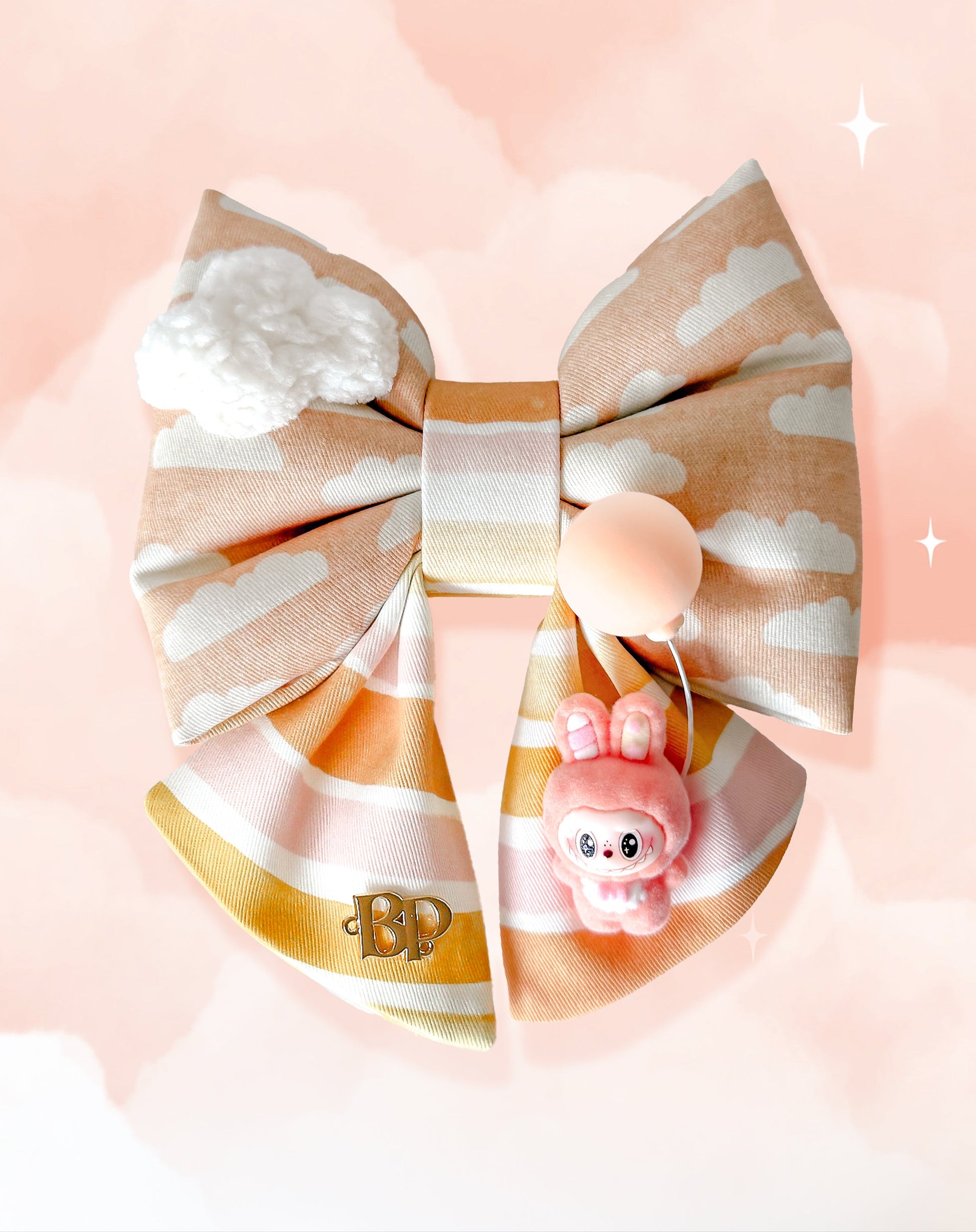 labubu style with cloud sailor bow tie for pets dog cats. Balloon in the Clouds in peach rainbow sunset color. Cotton puffy bow with sherpa