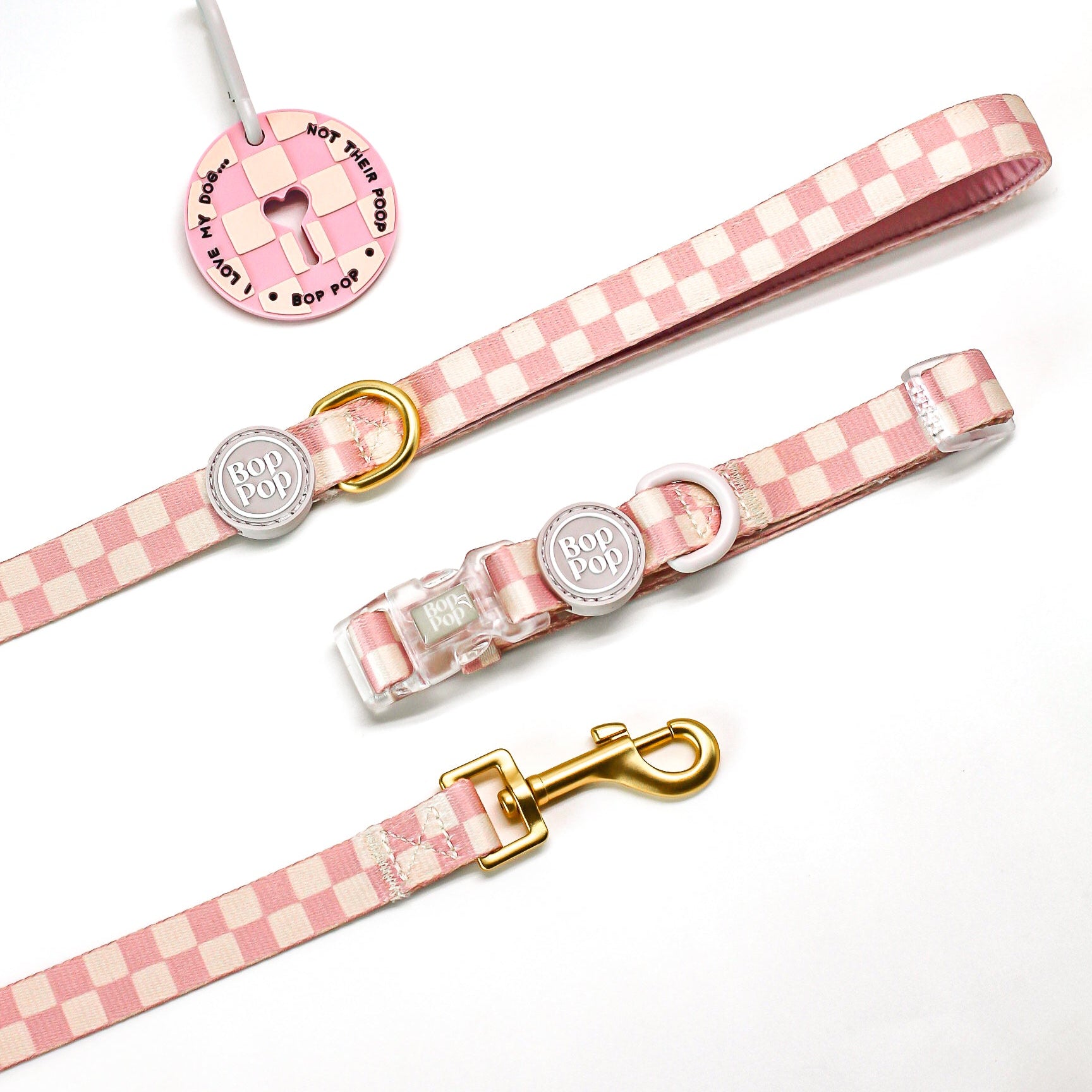 Pink checkered print dog collar, leash, and poop loop for dog walking - pet accessories set Bop pop pets