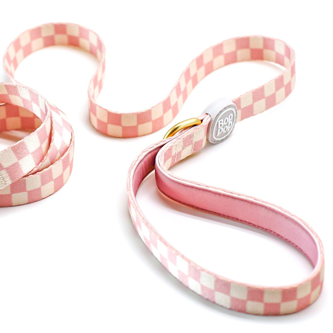 Pink checkered print dog leash with padded pink handle for trendy dog moms. Dog walking set - pet accessories set Bop pop pets