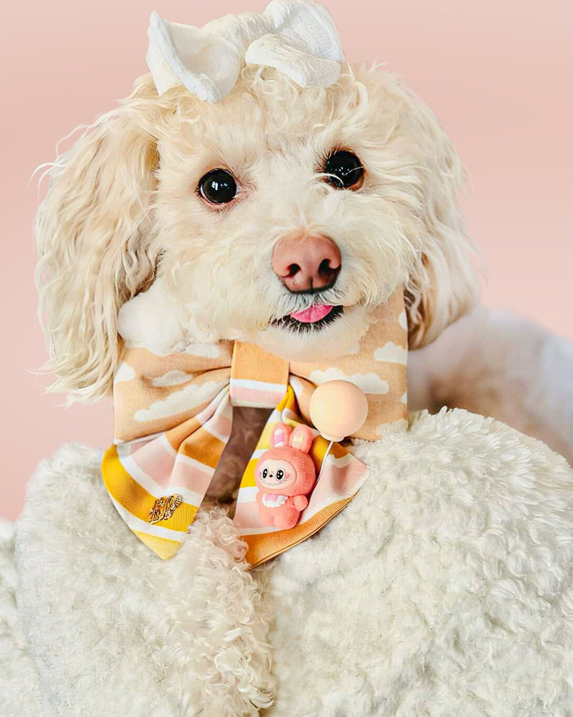 White dog wearing a colorful dog bow tie with Labubu style themed bow with decorative ballon and cloud print