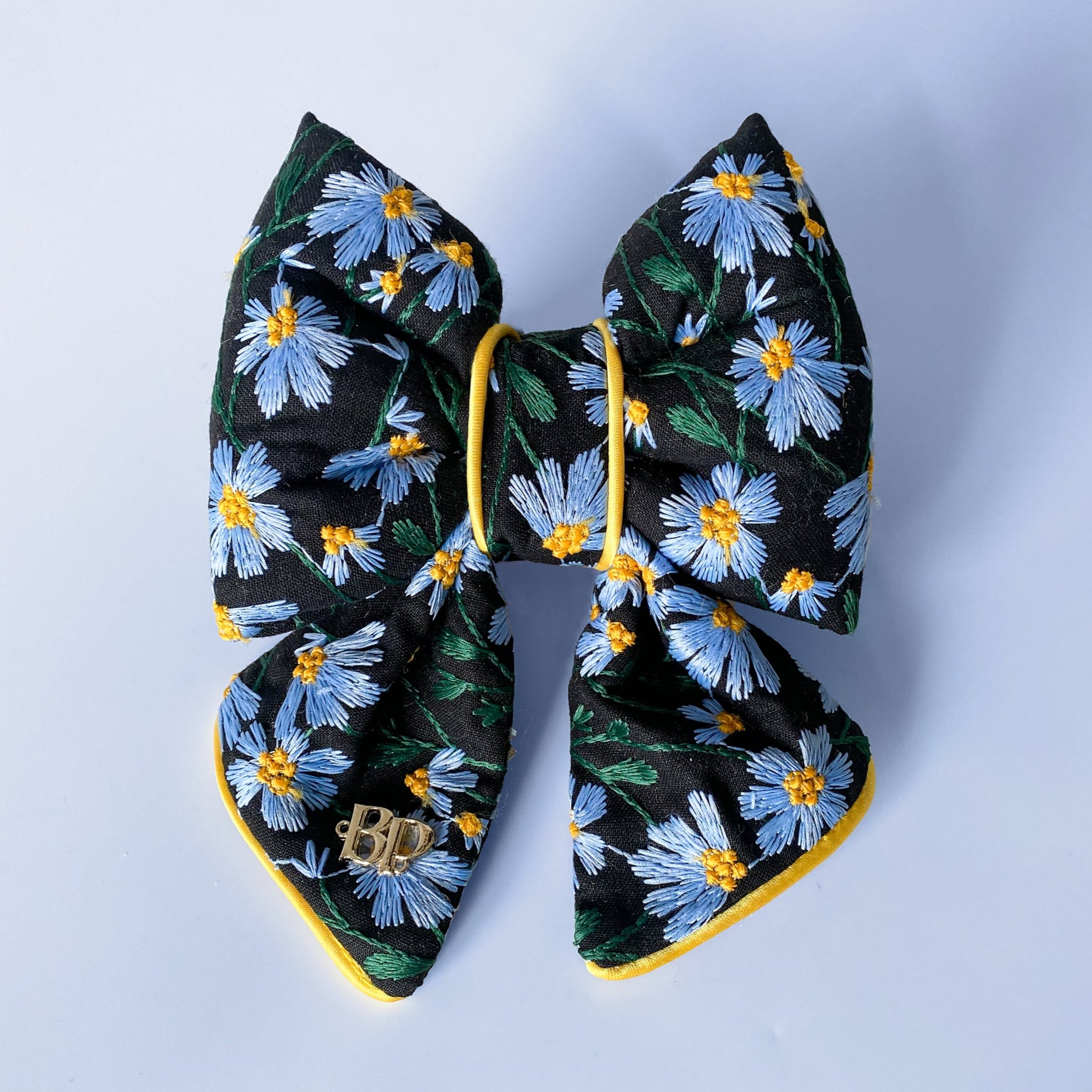 dog collar bow tie and sailor bow for pets dog or cat. flower daisy floral embroidery fabric embellishment. Dog mom girl dog style. Bright Yellow satin trim on elevated pet bows and elevated pet accessories bop pop pets fruit theme dog bows accessory