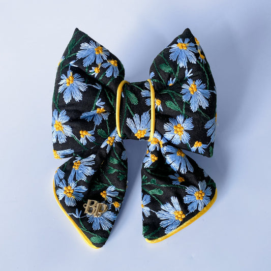 dog collar bow tie and sailor bow for pets dog or cat. flower daisy floral embroidery fabric embellishment. Dog mom girl dog style. Bright Yellow satin trim on elevated pet bows and elevated pet accessories bop pop pets fruit theme dog bows accessory