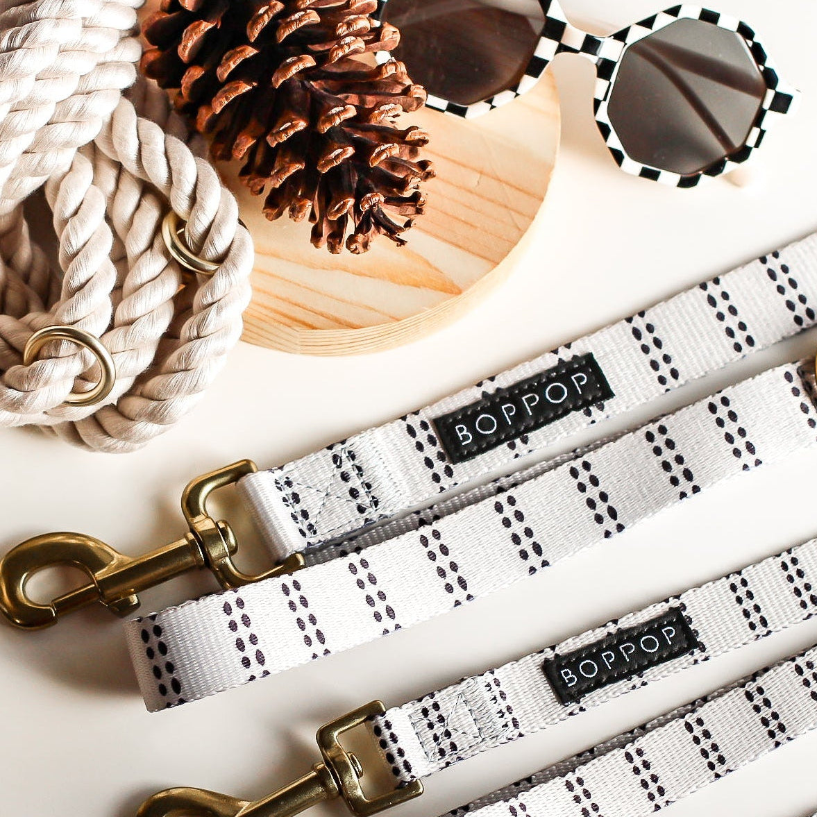 Dog leashes with branded tags on a light background