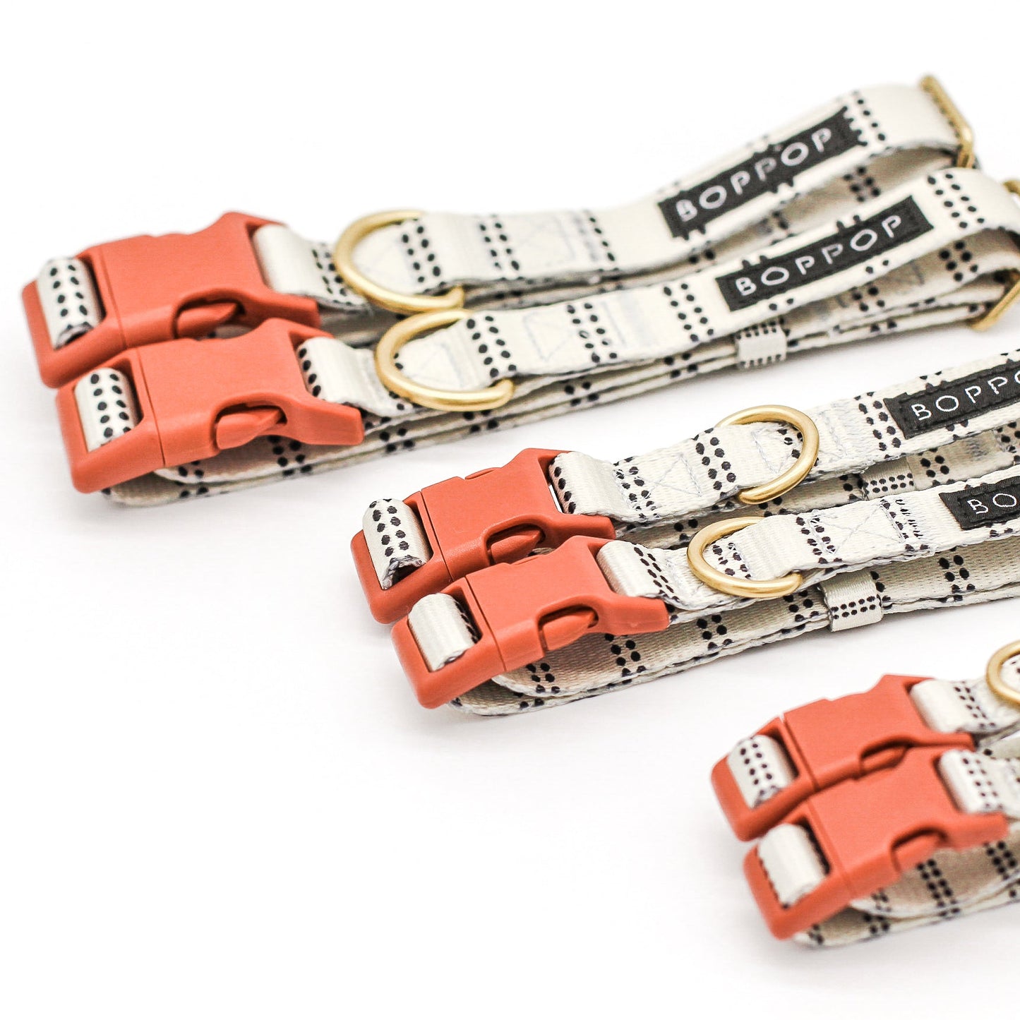 Set of dog leashes with red buckles on a white background