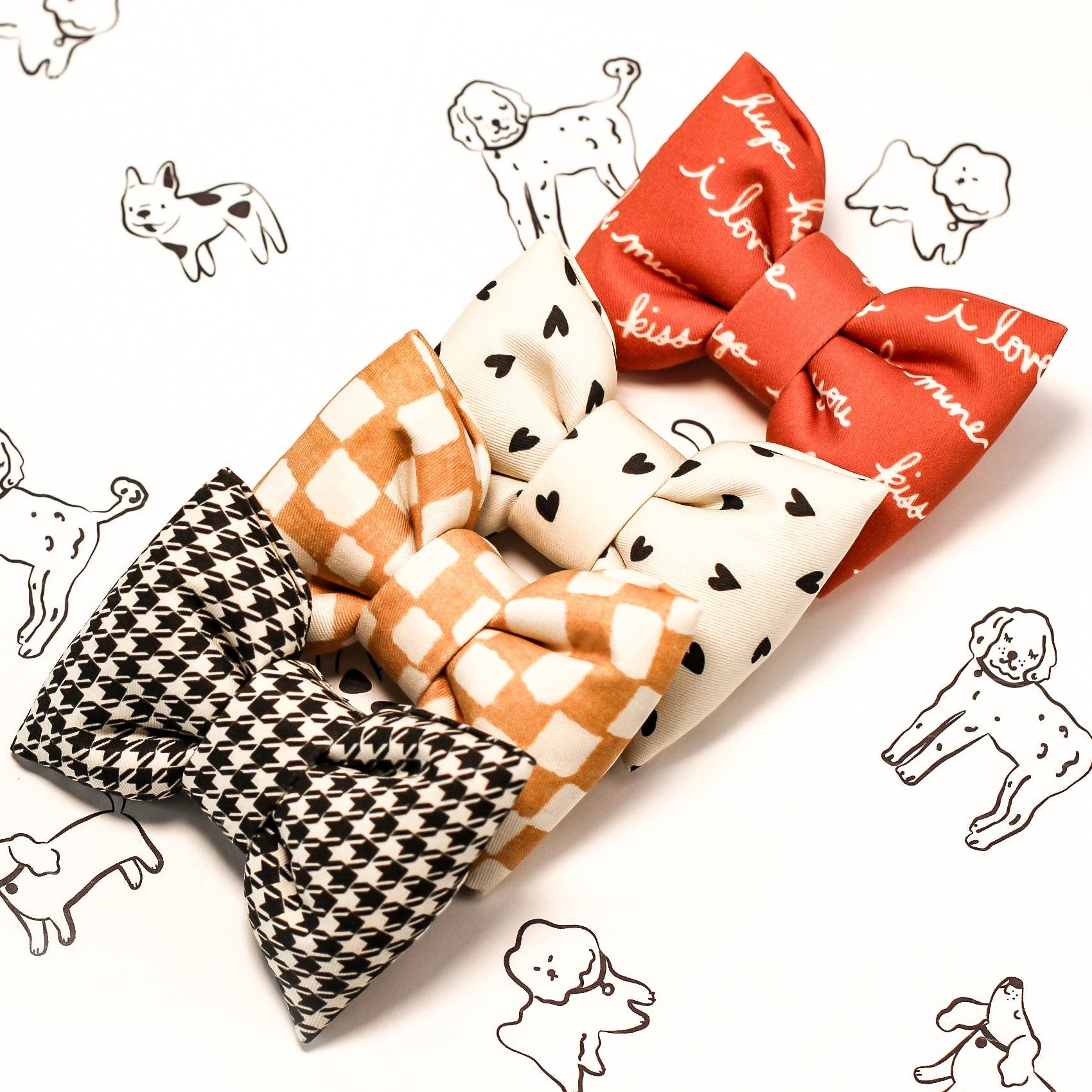 rust color bow tie with love and kisses quotes for dog bows. Winter 2025/26 everyday bow tie collection. Bop pop pet accessories