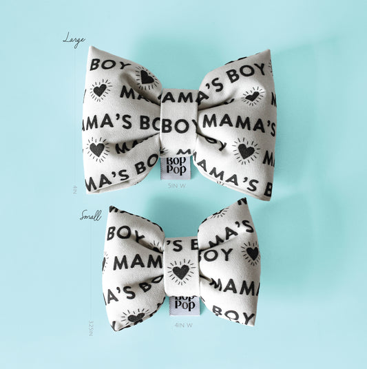 Mamas Boy dog collar bow ties. Puffy Bows. Black and white off white cotton bow for dogs or cats. Hand made in usa Bop pop pets accessory. dog mom gift for dogs Mothers day gifts for pet owner