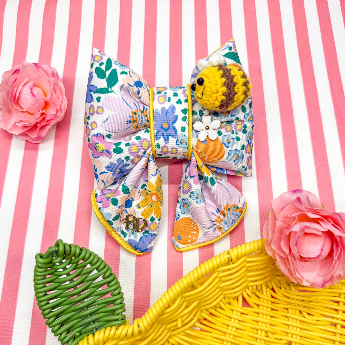 Colorful floral bow with crochet bee and metal flower daisy charm. Sailor bow for dog collars. Fashion dogs and dogmom style for beachy summer style vibes. Hand made design with neon super bright summer florals with oranges. Cutest dog accessory for dogs and cats.