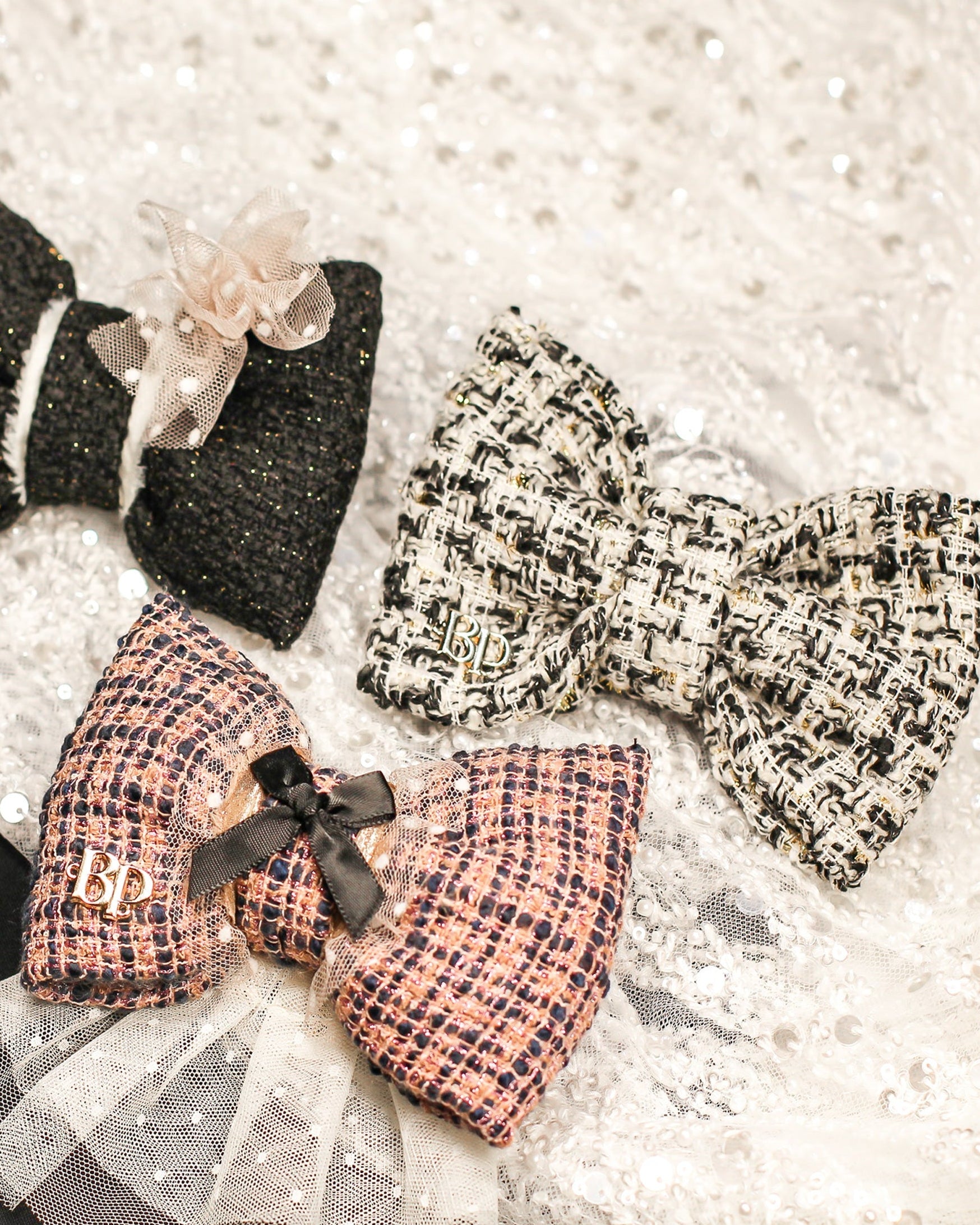 Dog bow ties in luxury decorative bows with elevated style. Tweed with lace by Bop Pop Pets pet accessories