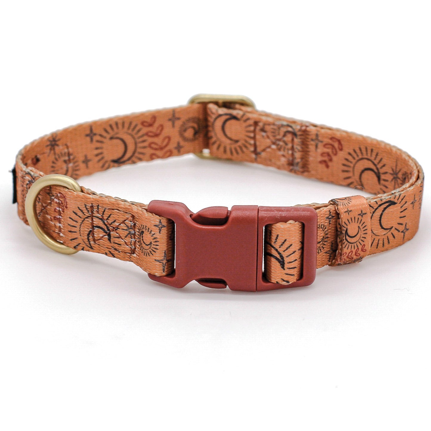 Dog collar with moon star and celestial theme boho desert bohemian pattern on a white background by bop pop pets