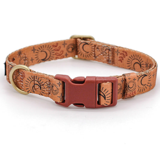 Dog collar with moon star and celestial theme boho desert bohemian pattern on a white background by bop pop pets