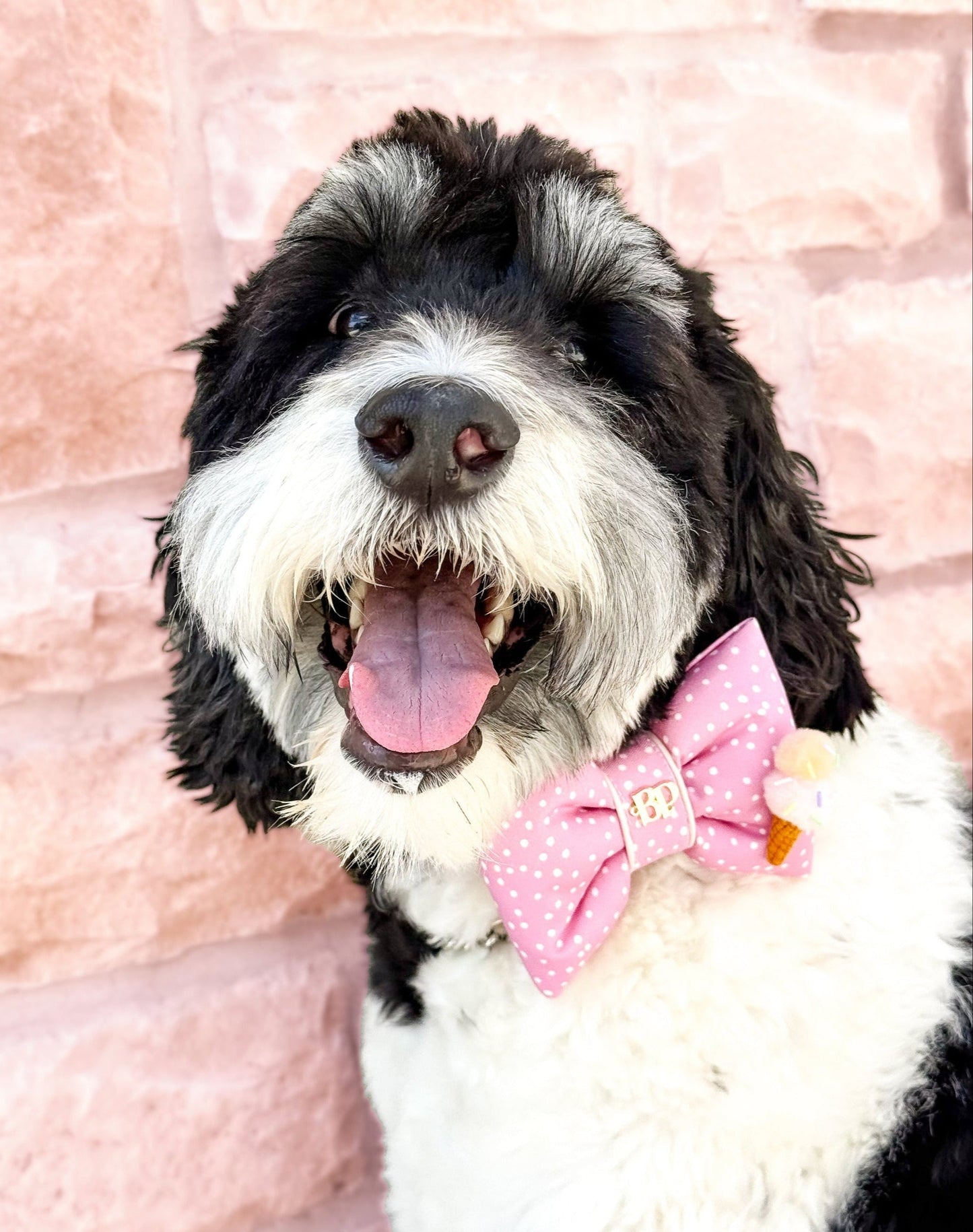 Pink white dot ice cream polka dot bow tie. Satin trim
