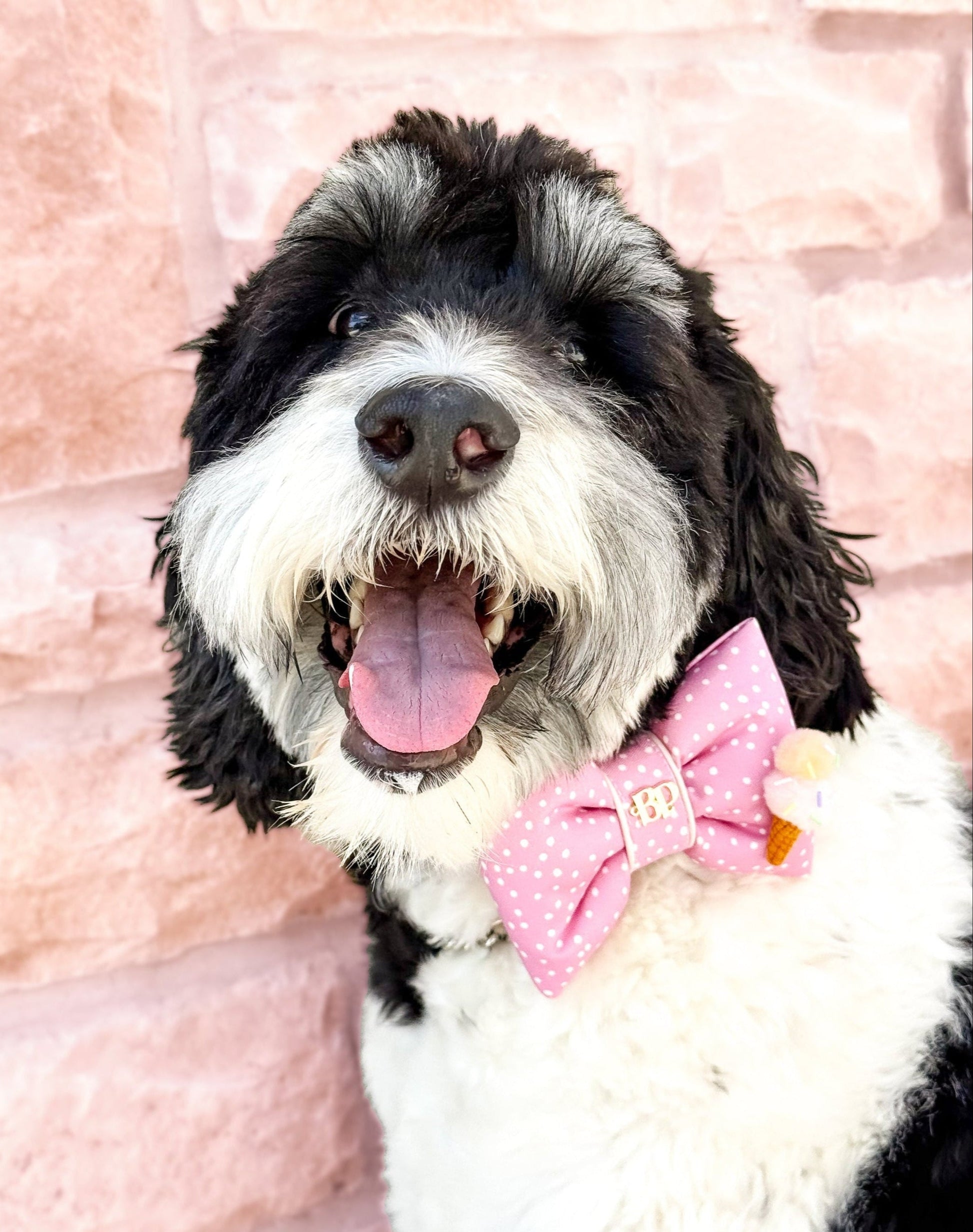 Pink white dot ice cream polka dot bow tie. Satin trim