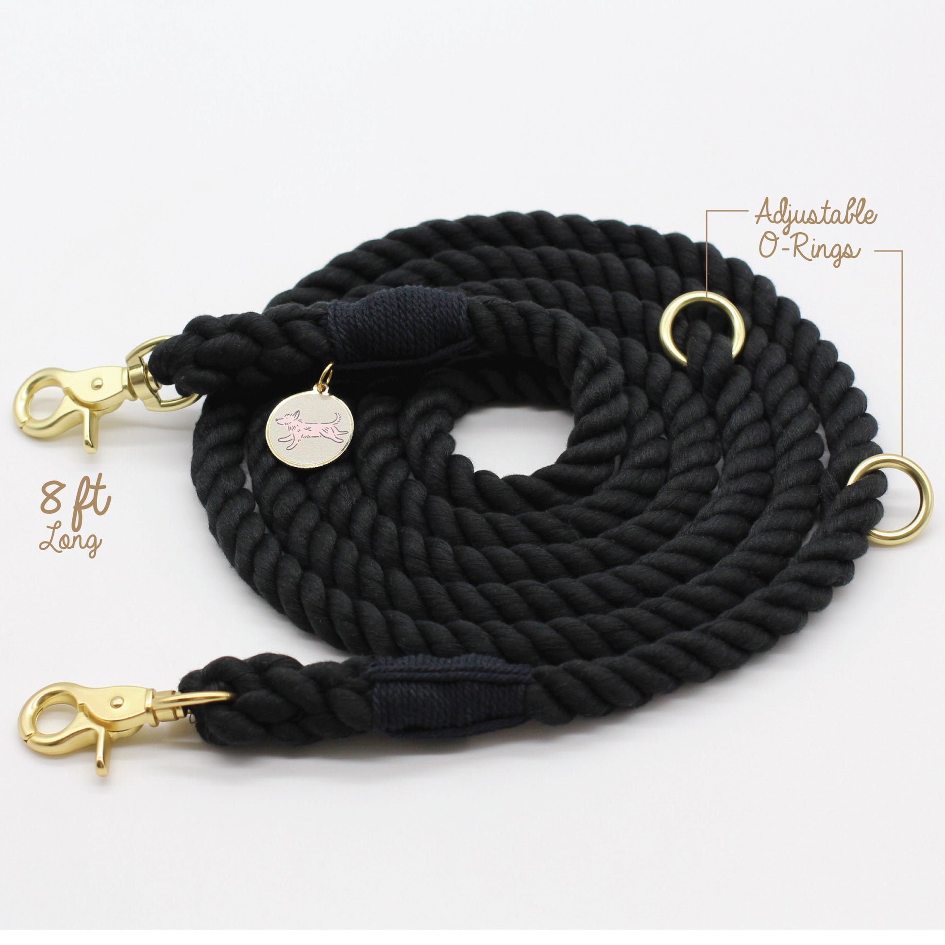 Black Onyx Cotton handsfree rope leash 8ft  Bop Pop Pets Gold Matte Hardware Dog Walking  sizing Orings