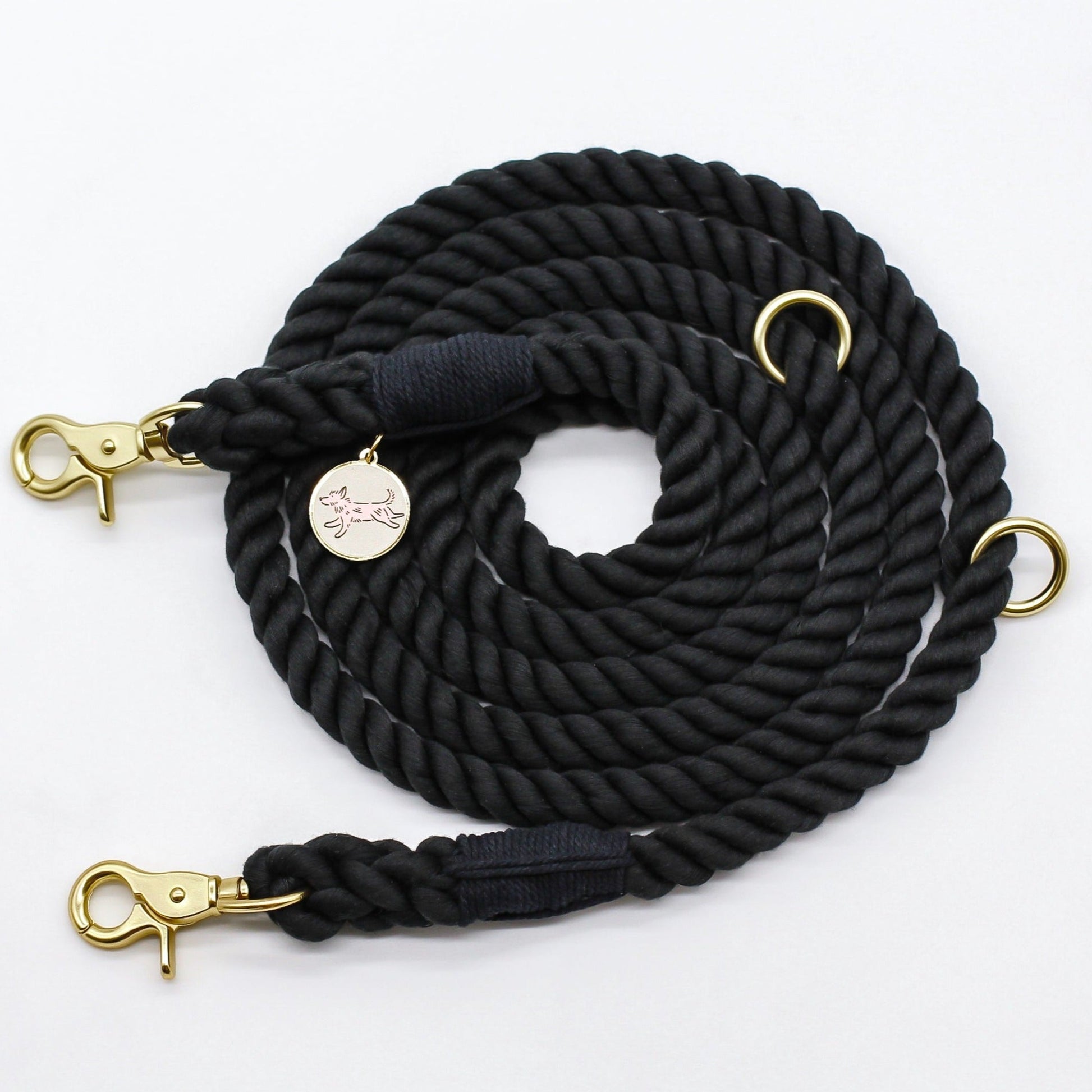 Black Onyx Cotton handsfree rope leash 8ft  Bop Pop Pets Gold Matte Hardware Dog Walking 