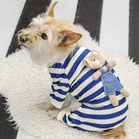 teddy bear blue navy stripe dog cat pajama onesie jumpsuit faux fur sherpa bear small dogs bop pop pets