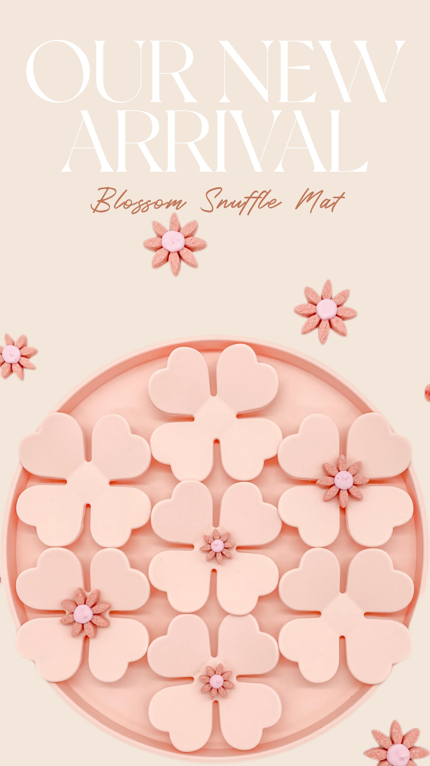 Snuffle Mat Blossom Rose Pink Silicone BPA Free slow feeder on beige gradient background with small pink flower dog treats sprinkled in a pretty pattern 