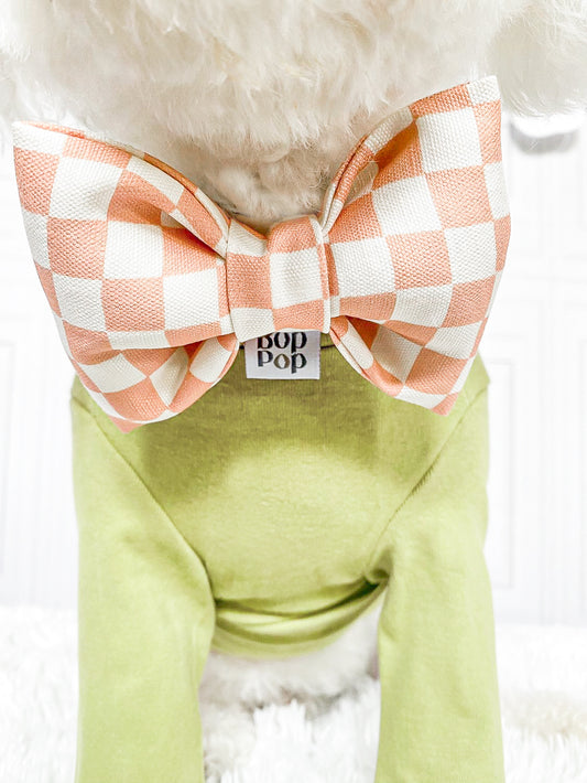 Pink clay dusty puffy, structured pet bow tie pet accessory cat dog checkerboard 100% cotton dapper modern boho 