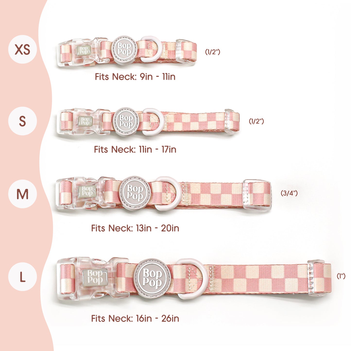 Four pink and white checkered dog collars in sizes XS, S, M, and L, shown with text indicating fit neck lengths. The collars have a pink and white checkerboard pattern, silver metal hardware, and a round beige, off-white Bop Pop brand tag.
