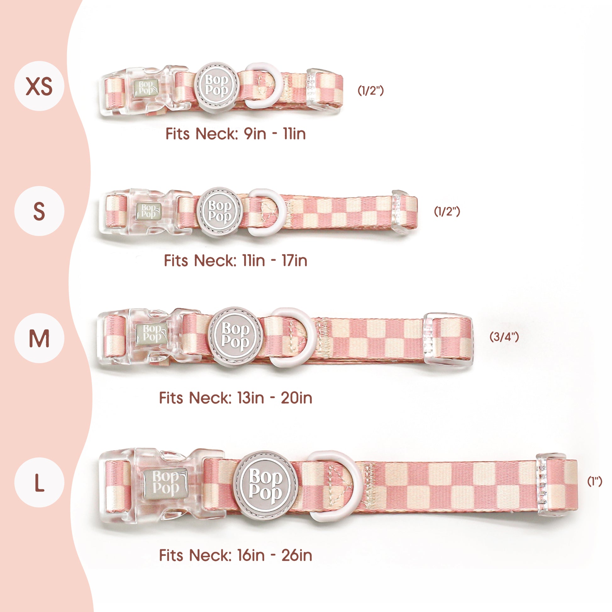 Four pink and white checkered dog collars in sizes XS, S, M, and L, shown with text indicating fit neck lengths. The collars have a pink and white checkerboard pattern, silver metal hardware, and a round beige, off-white Bop Pop brand tag.