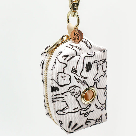 Poop Waste Bag dispenser for dogs pet accessory leash attachment for dog walking, travel and convenience Bop Pop Dog design modern natural gold swivel clasp hook