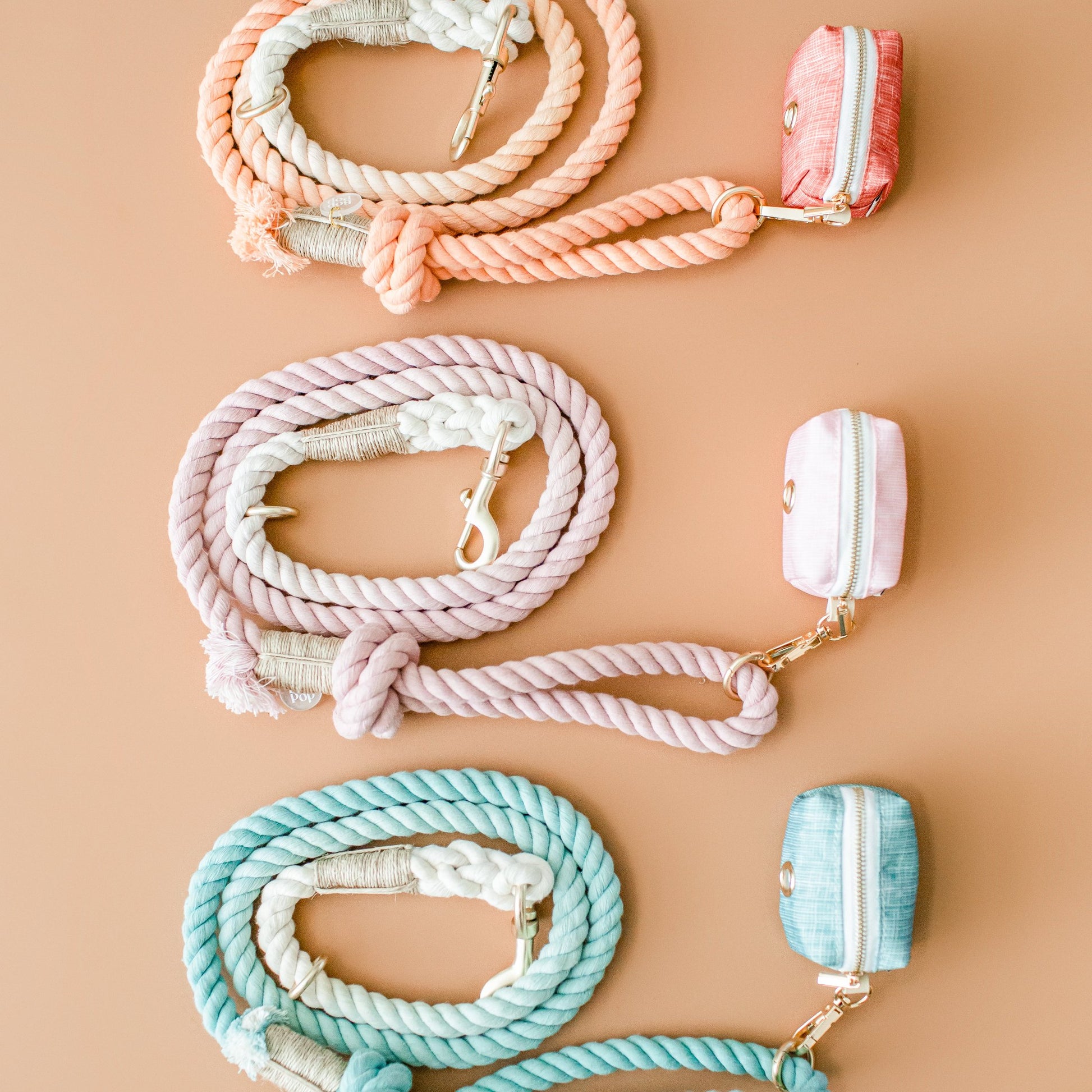 Poop Bag holder Dispenser set with Poop Loop acrylic gold hardware with rope leash bop pop pets accessories Orange pink beige green bohemian style