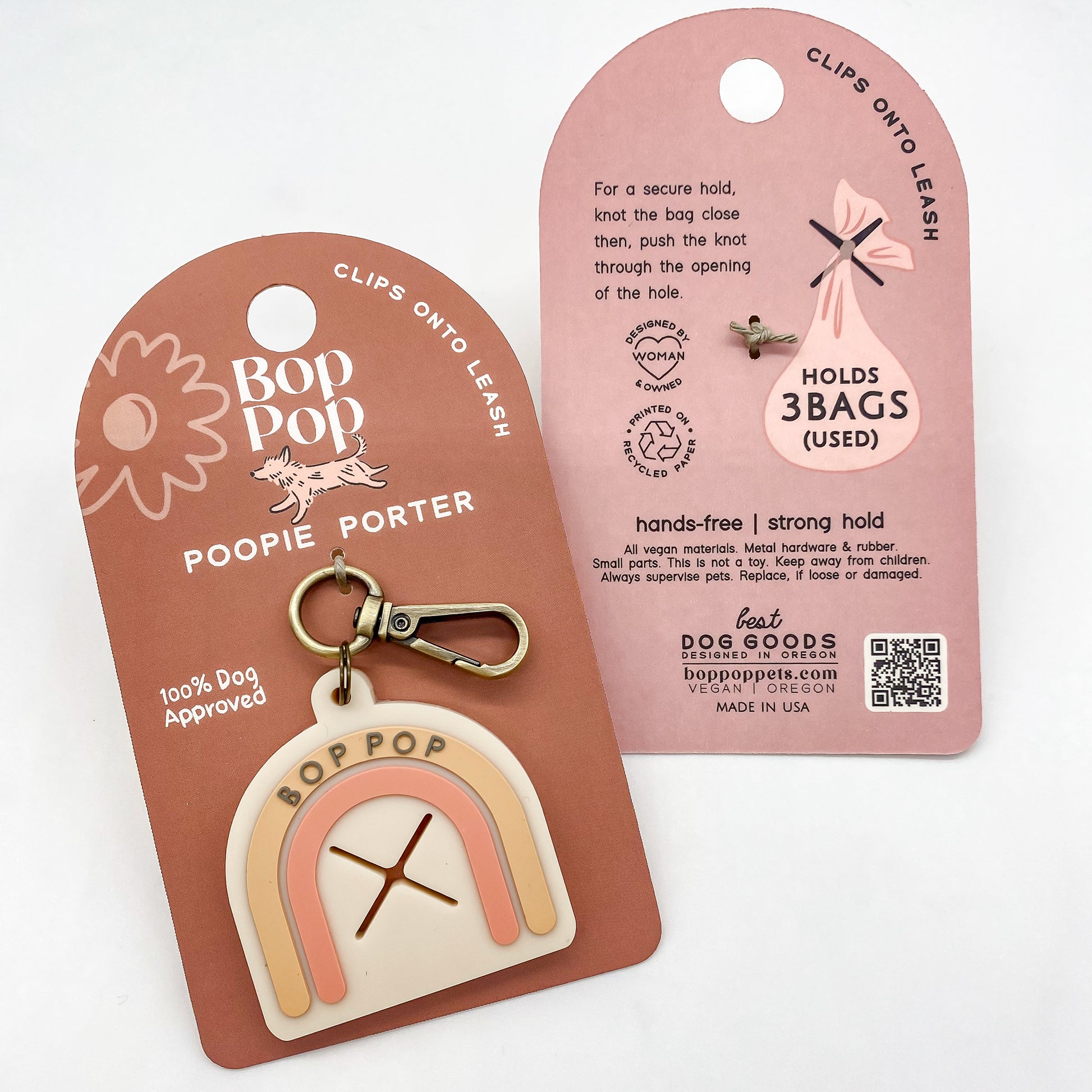 Poopie Porter Poop Loop for used dog poop bags dog walking for handsfree pet accessory supply Bop Pop Pets Pink Boho Rainbow style