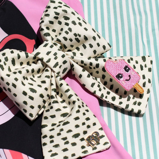 black white dotted sailor bow for pets dogs and cats with pink popsicle patch with smiley face. Bop Pop Pets trendy modern fashion bows for pets. 100% Cotton