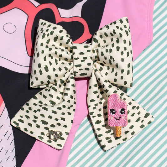black white dotted sailor bow for pets dogs and cats with pink popsicle patch with smiley face. Bop Pop Pets trendy modern fashion bows for pets. 100% Cotton fabric