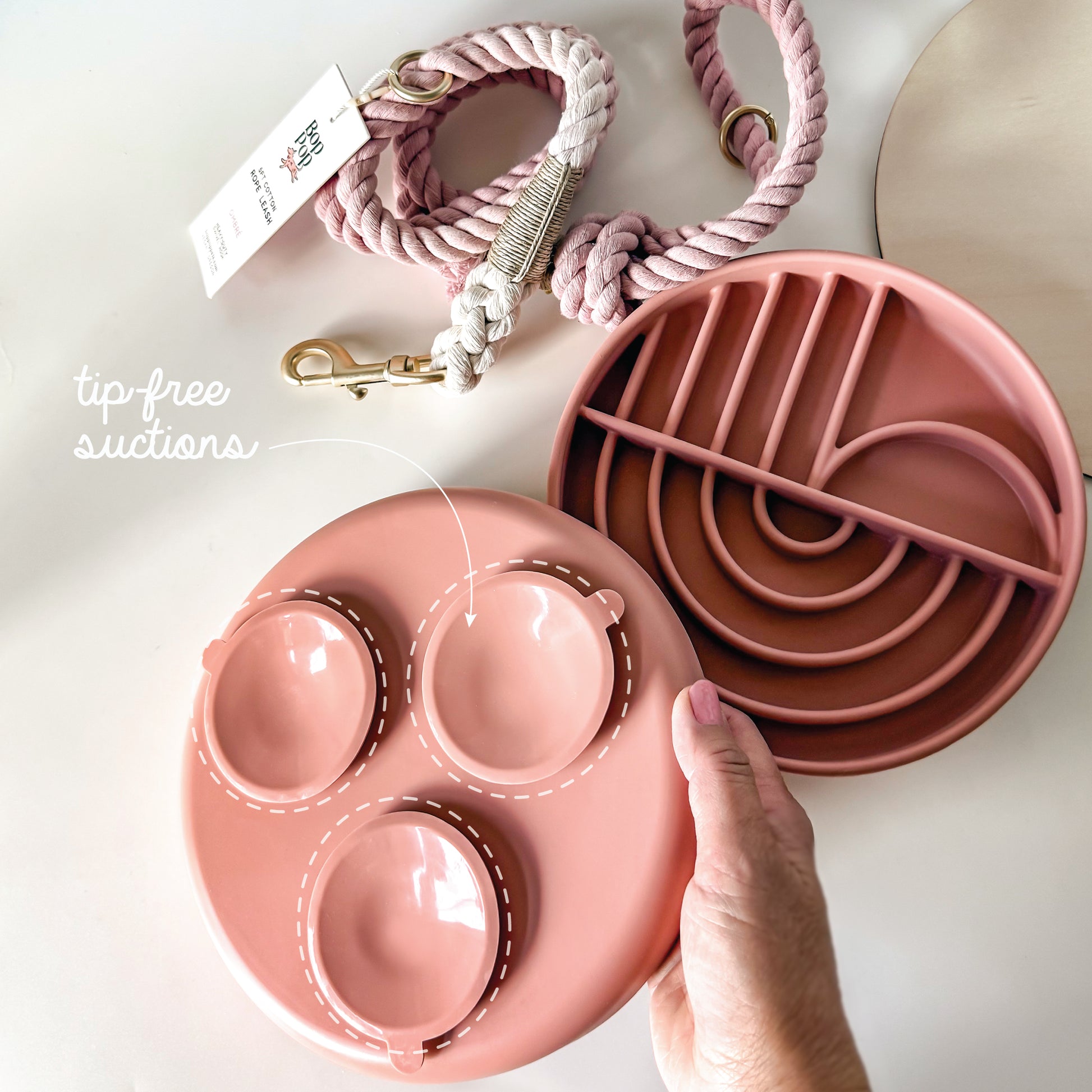 slow feeder bowl for anxiety and boredom dogs cats pets. Feeder bowl in pink rose TERRA COTTA color during mealtimes or snacks. Slow feeder with partition for liquids and tip free suction pads