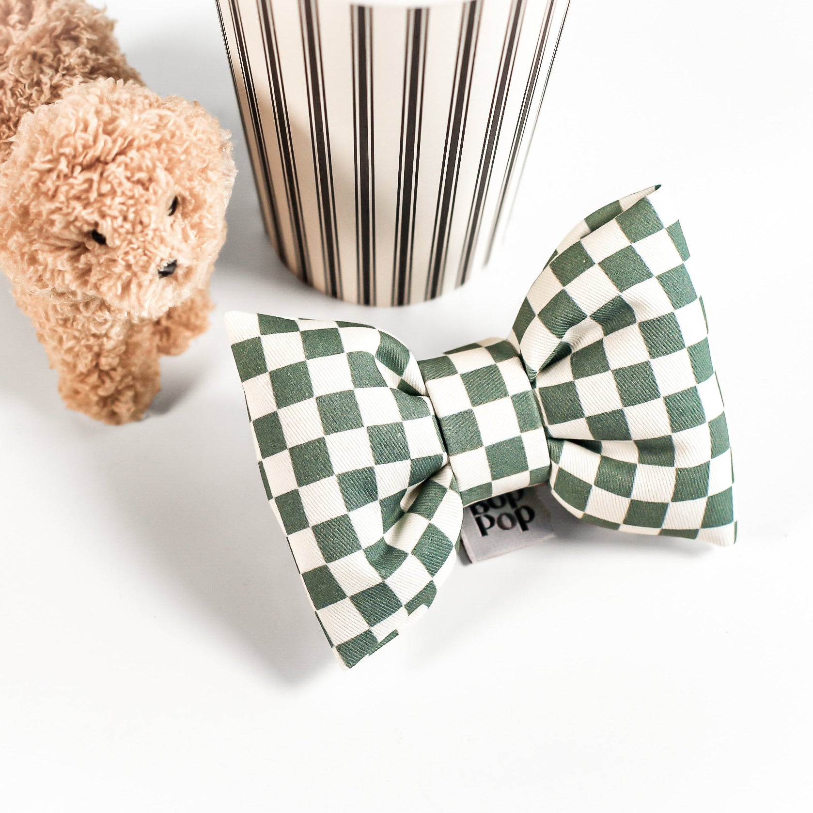 Green and white checkered bow tie with a teddy bear doodle dog with coffee cup for ralph lauren cafe vibes