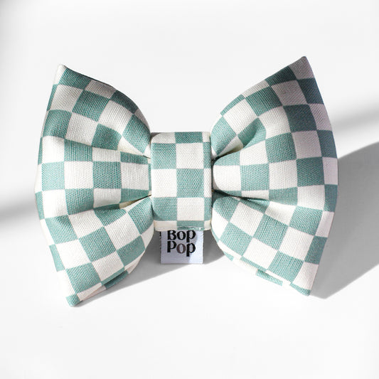 Blue Slate grey checkerboard print organic cotton canvas Large Bow Tie. Handmade USA for small or large dogs cats.  Pet bow tie BIG PUPPA  pet apparel with custom patch Boop Me Baby Girl Good Boy I love mom Bop Pop Pets