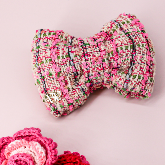 Pink tweed puffy Sailor bow tie. Handmade of High quality tweed fabric with textured ribbon detail for Valentines day. Pet accessory gift Sailor bow bop pop pets. 