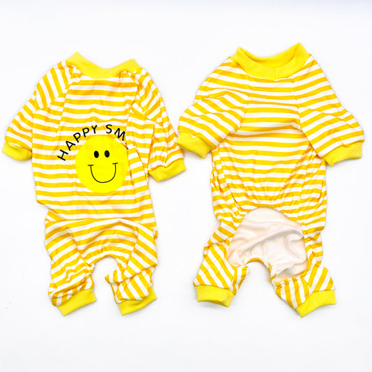 Smiley face happy yellow white stripe dog cat pajama onesie jumpsuit small dogs bop pop pets apparel