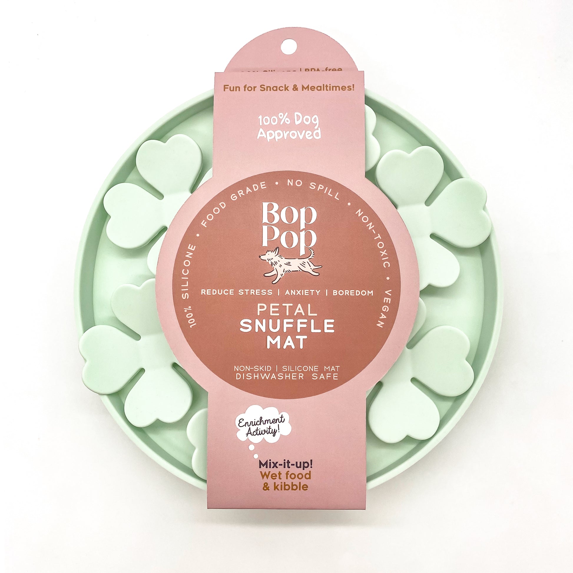 Snuffle Mat Clover Mint Pastel Green Silicone BPA Free slow feeder dog cat pet bowl mealtime enrichment anti-anxiety feeder Bop Pop Pets packaging