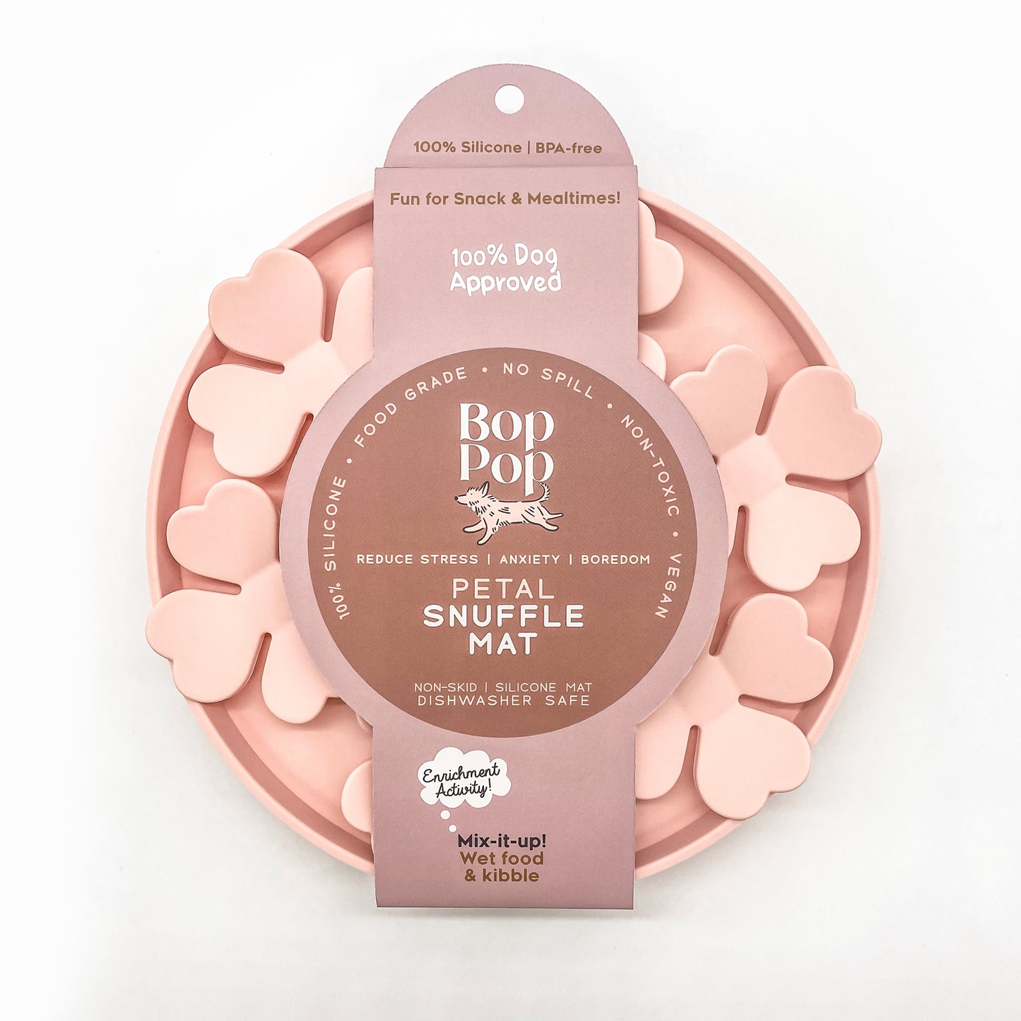 Snuffle Mat Blossom Rose Pink Silicone BPA Free slow feeder dog cat pet bowl mealtime enrichment anti-anxiety feeder Bop Pop Pets dispalying muted pink packaging