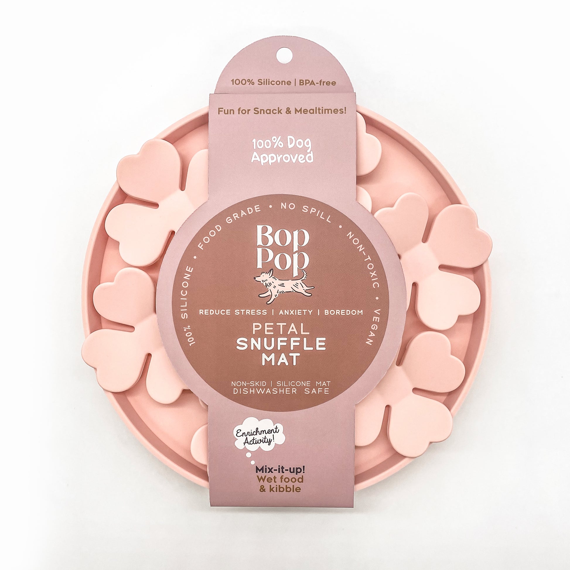 Snuffle Mat Blossom Rose Pink Silicone BPA Free slow feeder dog cat pet bowl mealtime enrichment anti-anxiety feeder Bop Pop Pets dispalying muted pink packaging
