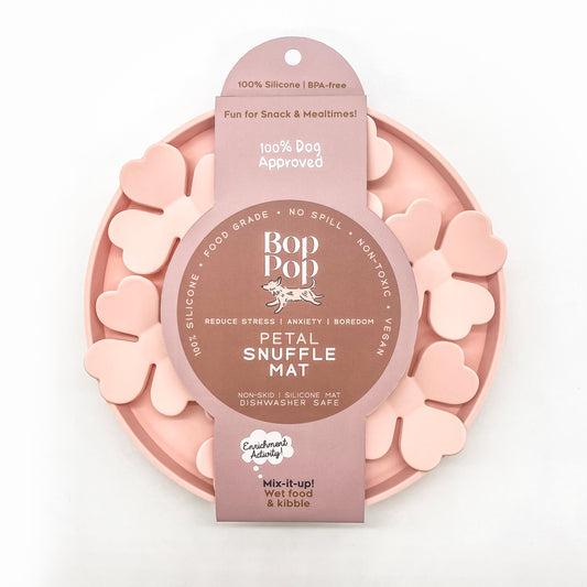 Snuffle Mat Blossom Rose Pink Silicone BPA Free slow feeder dog cat pet bowl mealtime enrichment anti-anxiety feeder Bop Pop Pets dispalying muted pink packaging